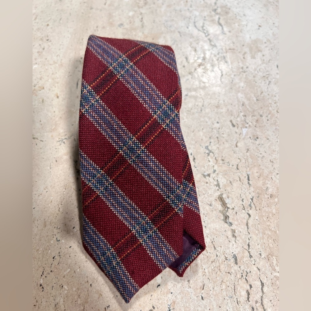 Vintage Hardy Amies London Plaid Lambswool Textured Tie Burgundy, Blue..